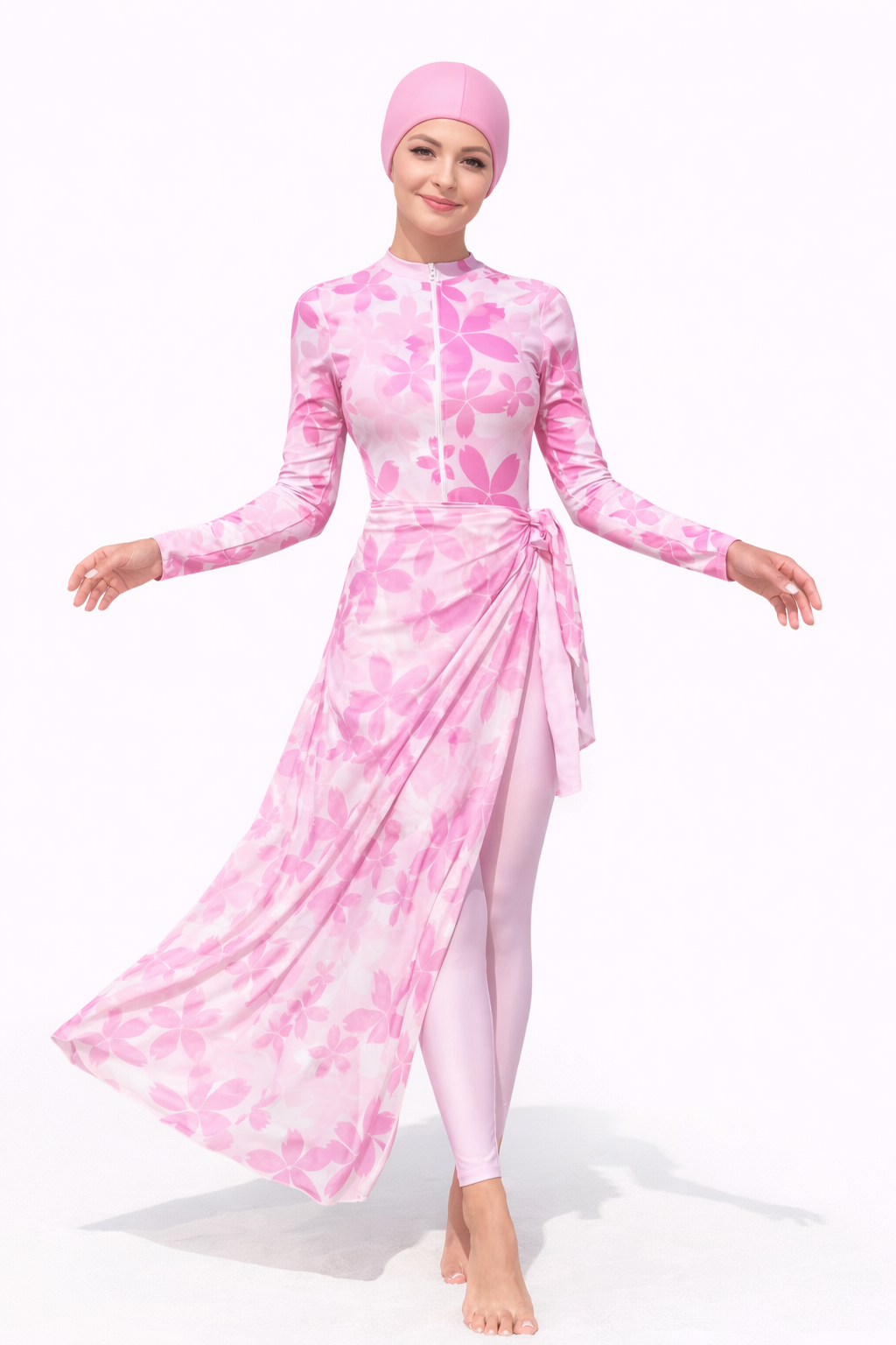Joud Modest Burkini 3-Piece Full Coverage Swim Set-Pink Blossom Print