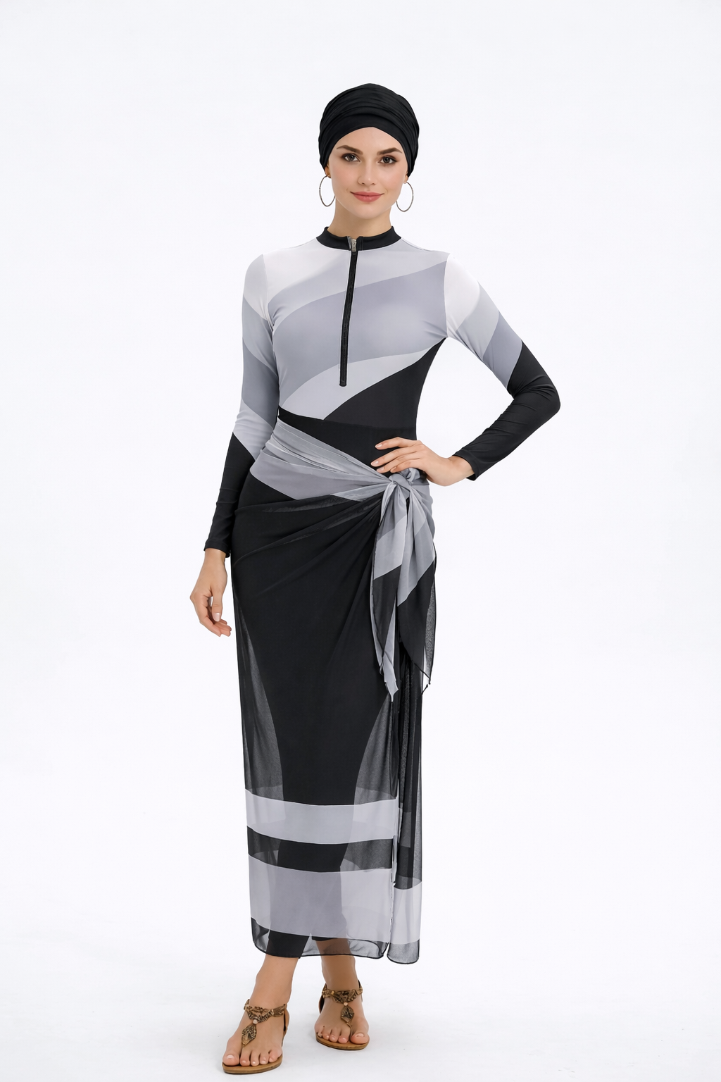 Farida Modest Burkini 4-Piece Full Coverage Swim Set -Black White Wave