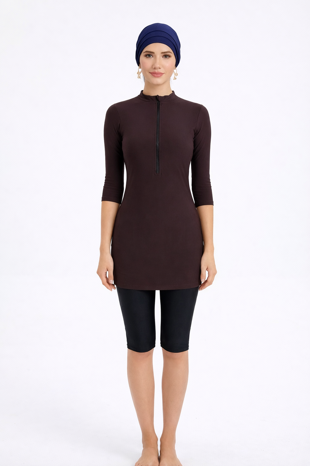 Zaria Mid Sleeve Burkini Modest Swim Set With Turban-Chocolate Brown