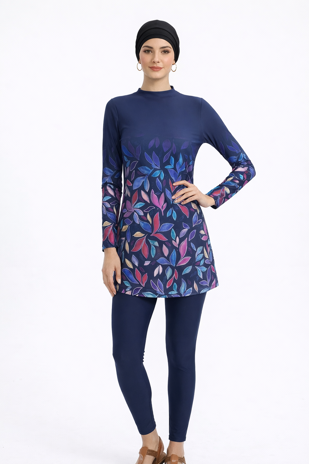 Liyana Modest Burkini 3-Piece Elegant Ruched Design Swim Set With Turban-Navy Floral Print