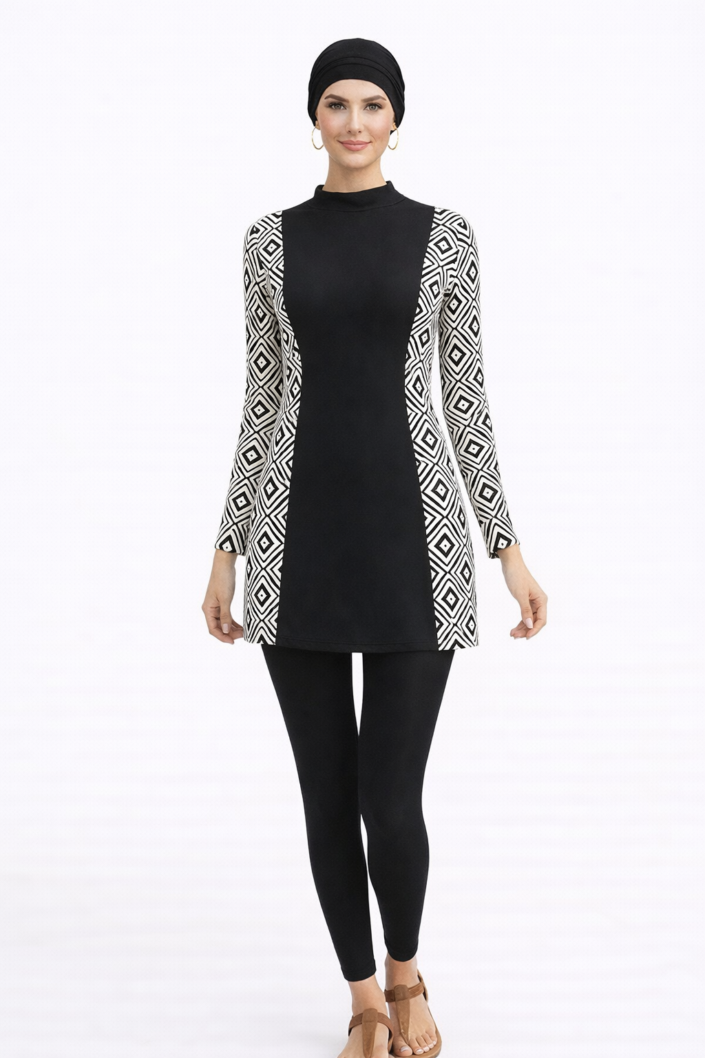 Dania Modest Burkini 3-Piece Elegant Ruched Design Swim Set With Turban-Black Geometric Print