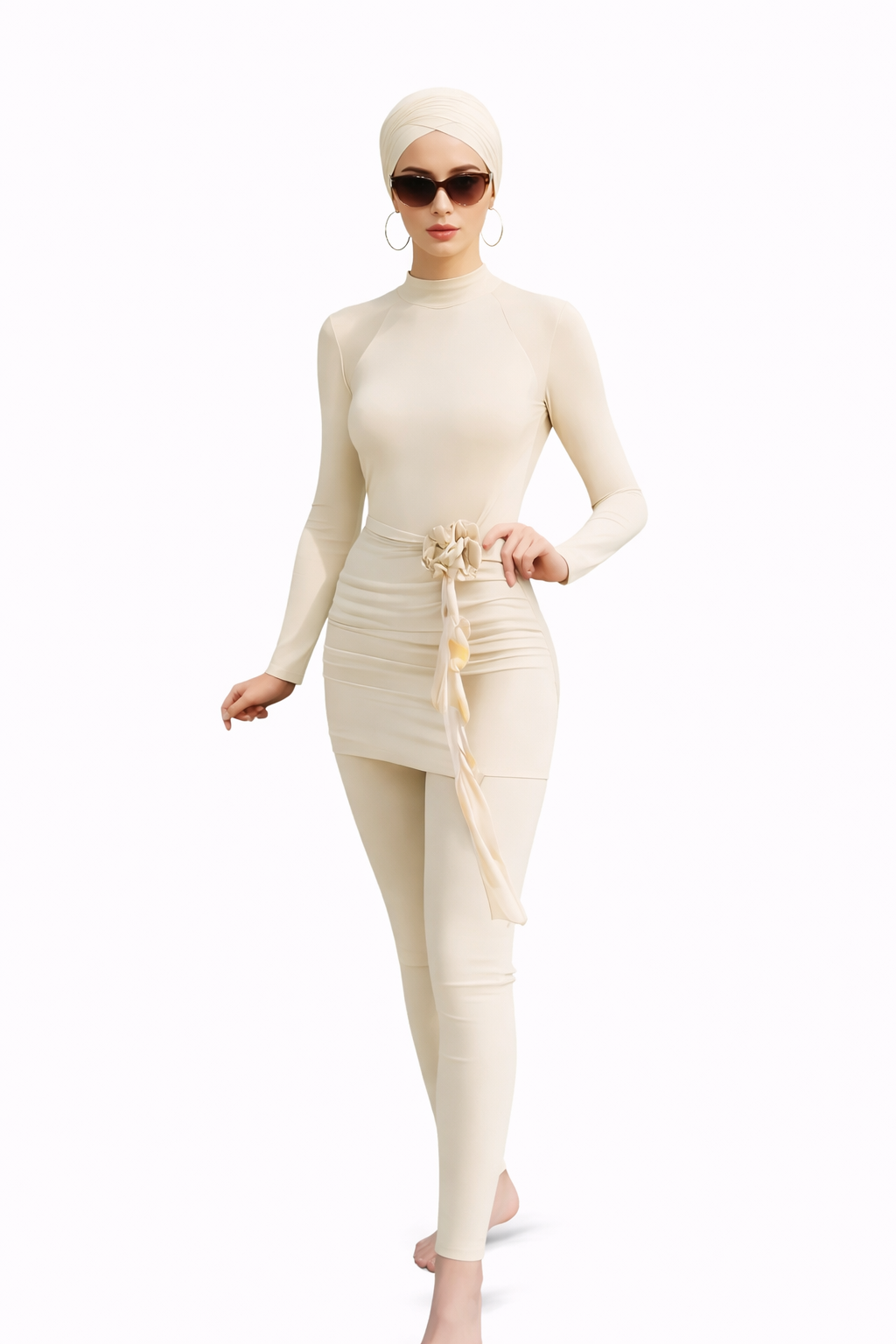 Miral Modest Burkini 3-Piece Full Coverage Swim Set-Cream