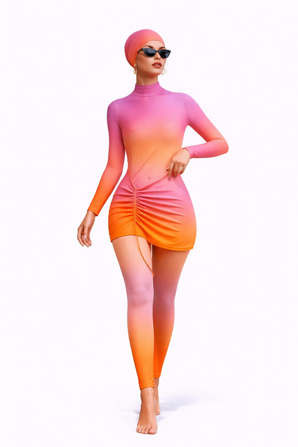 Jumana Modest Burkini 3-Piece Full Coverage Swim Set-Pink to Orange Gradient