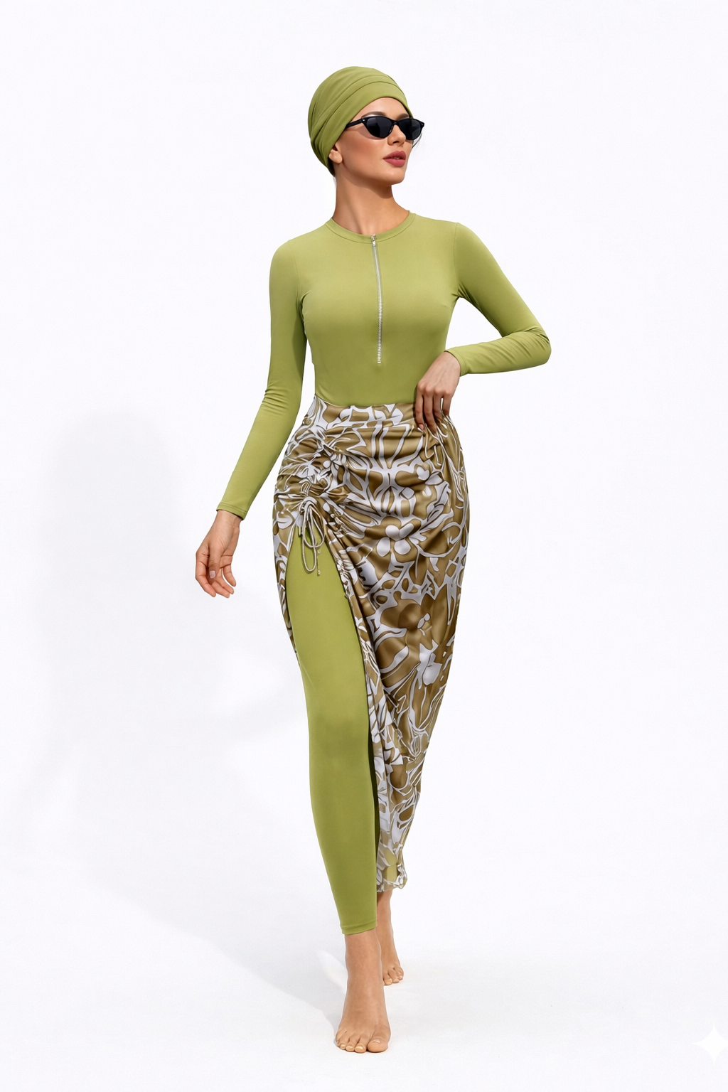 Razan Modest Burkini 3-Piece Full Coverage Swim Set-Olive Green