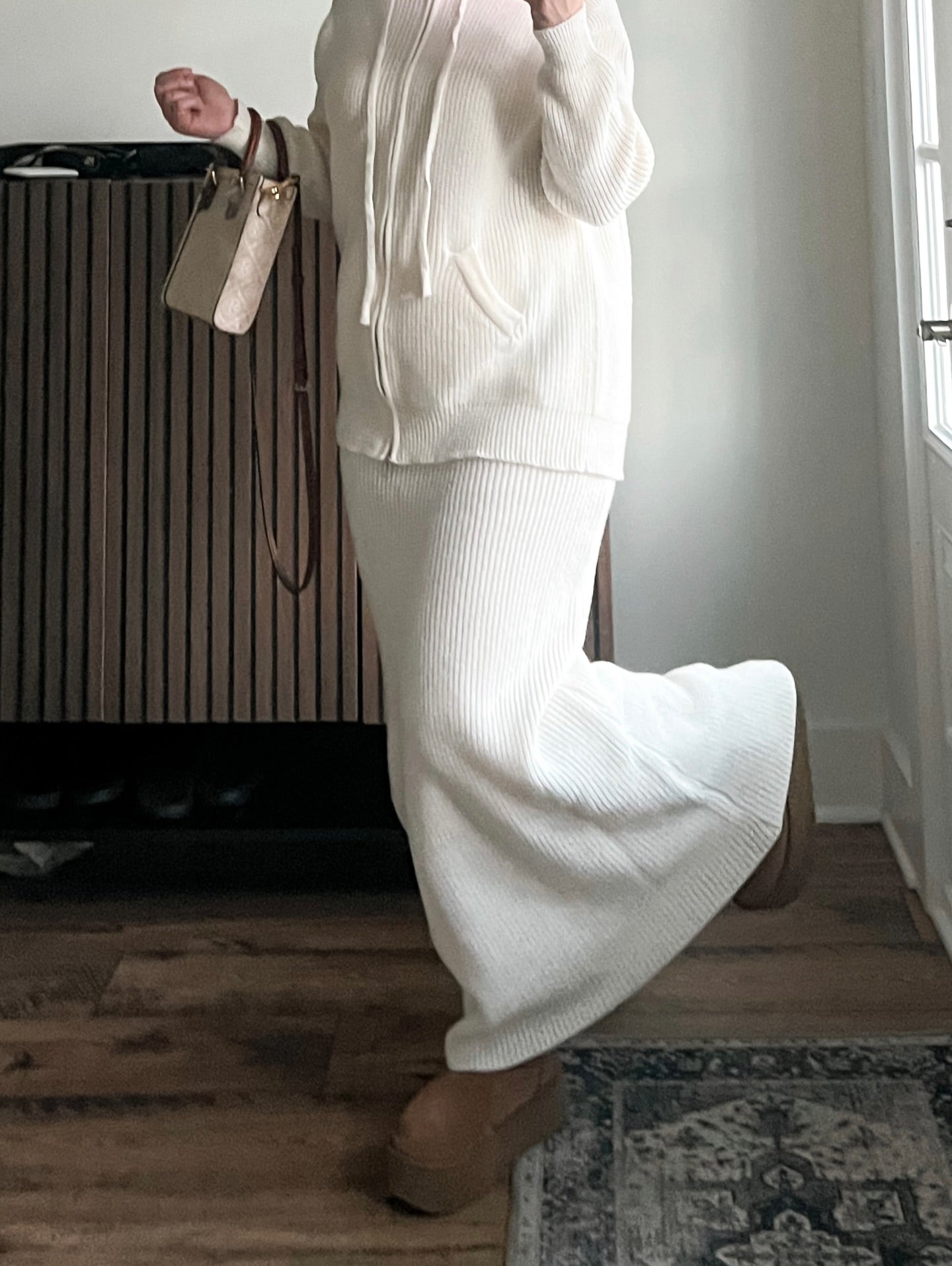 Cozy Rib-Knit Hoodie & Long Dress Set – Cream