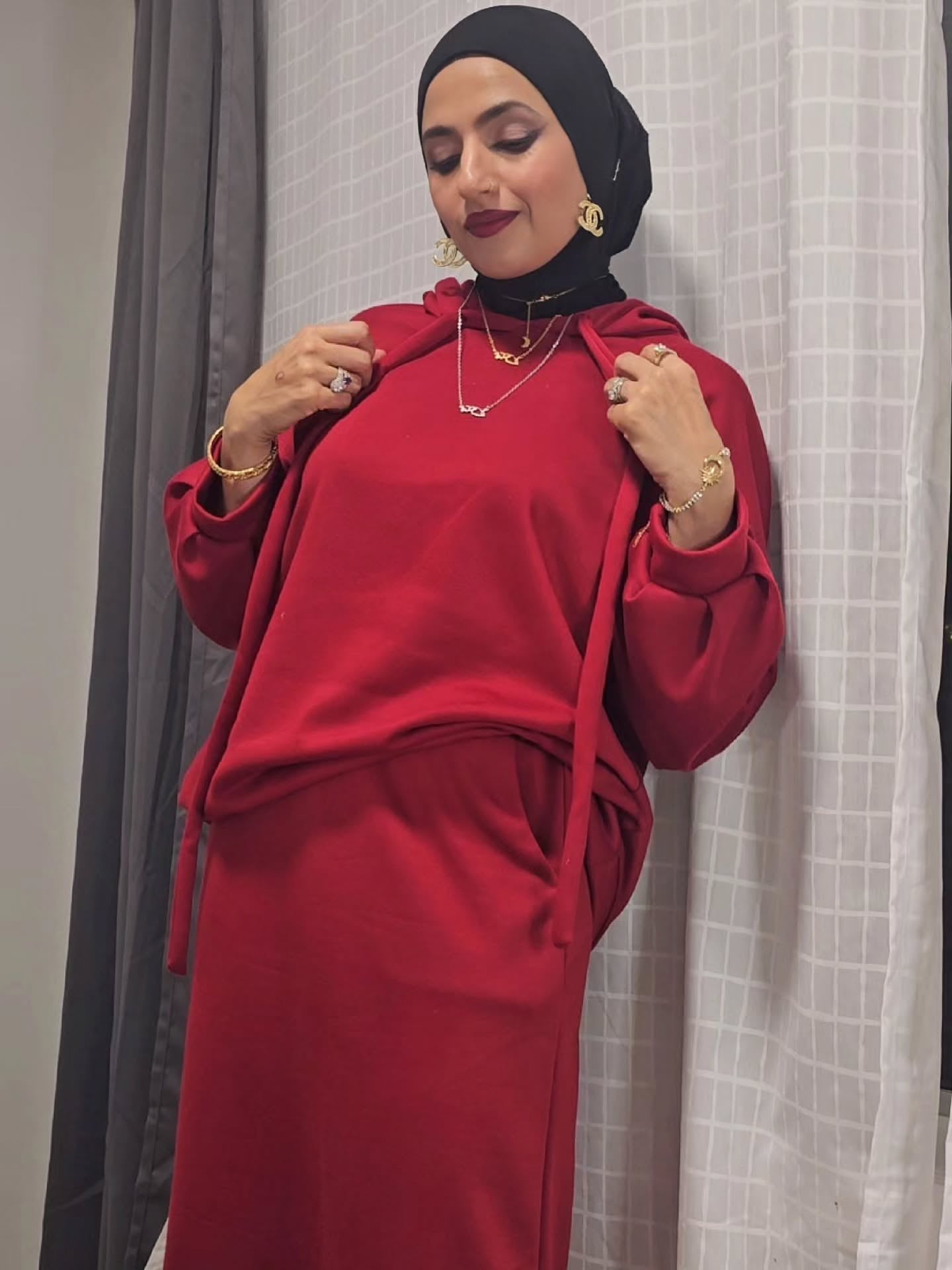 Warm Fleece Hoodie & Long Dress Set – Burgundy