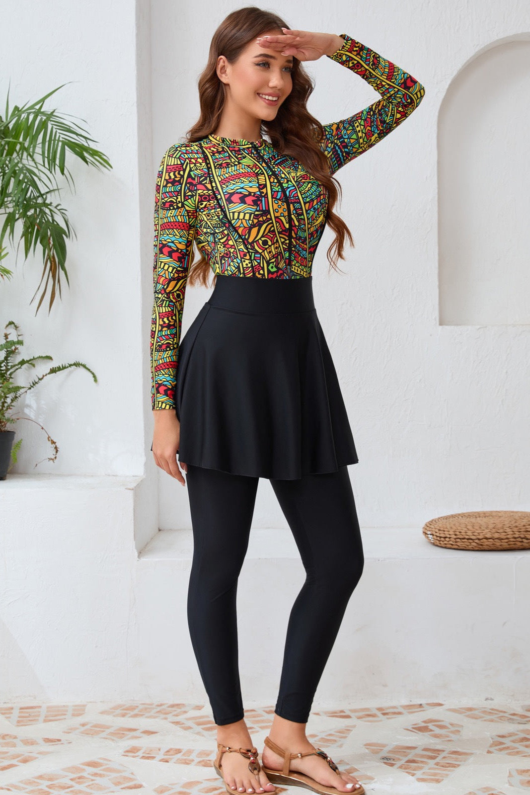Layla Modest Burkini 3-Piece Full Coverage Swim Set - Tropical Mosaic Top