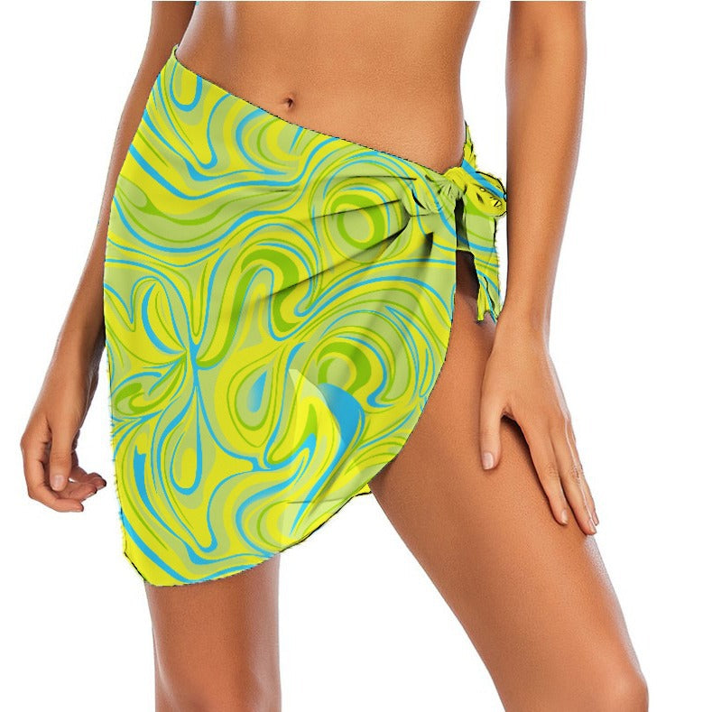 Lime Wave Print Sheer Beach Sarong Wrap- Swim Cover Up