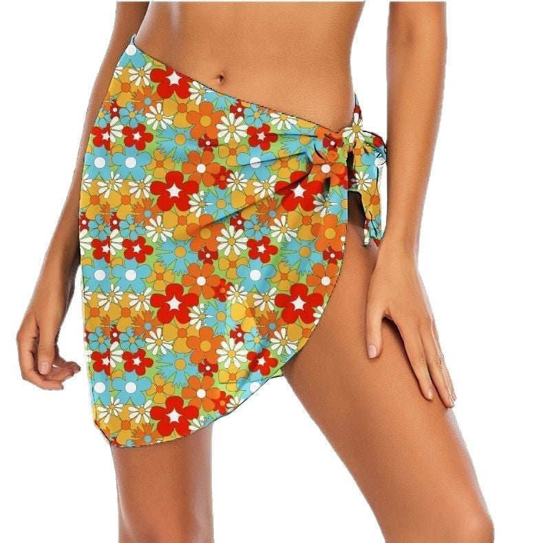 Retro Floral Print Sheer Beach Sarong Wrap- Swim Cover Up