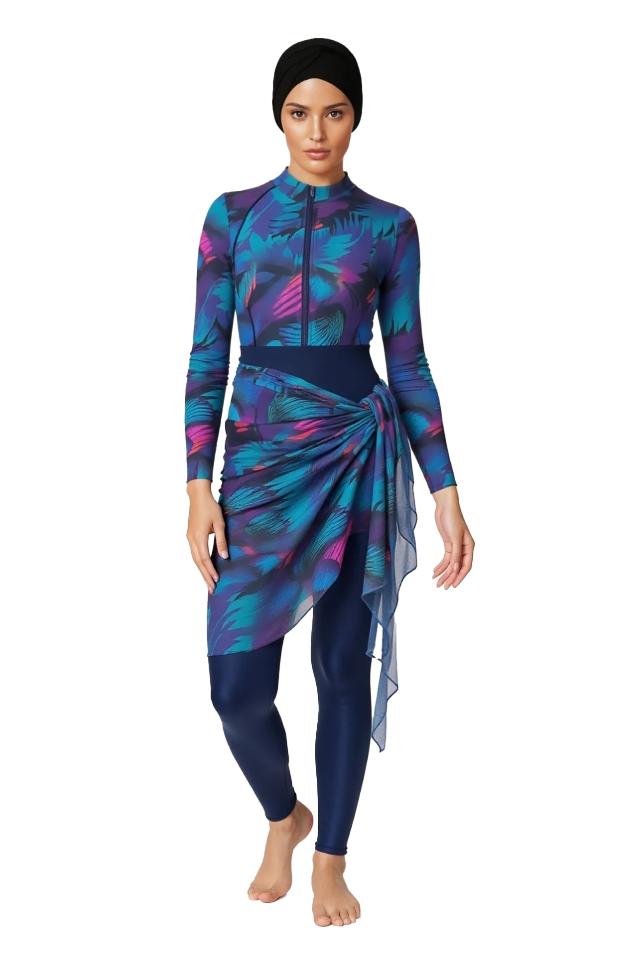 Maya Modest Burkini 3-Piece Full Coverage Swim Set - Peacock Print