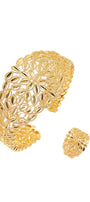 Golden Lace Leaf Wide Cuff Bracelet & Ring Set