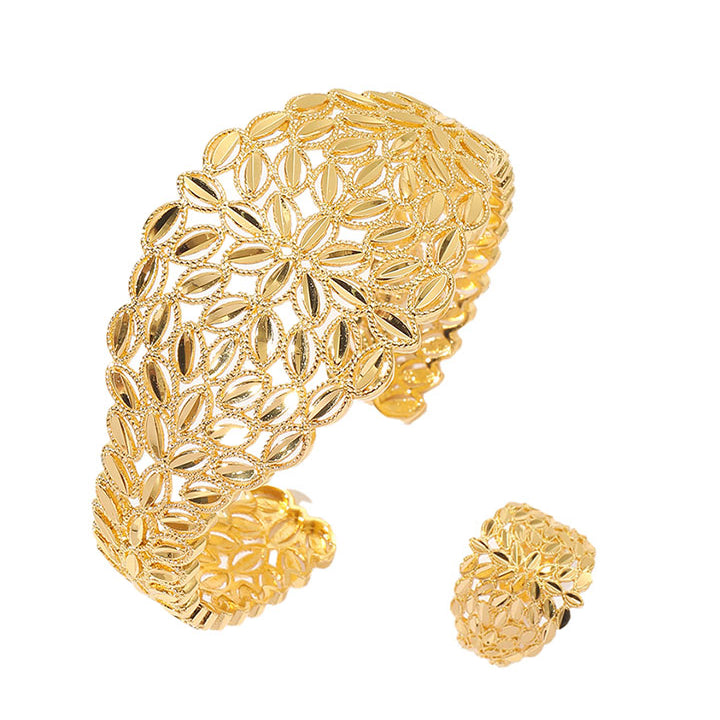 Golden Lace Leaf Wide Cuff Bracelet & Ring Set