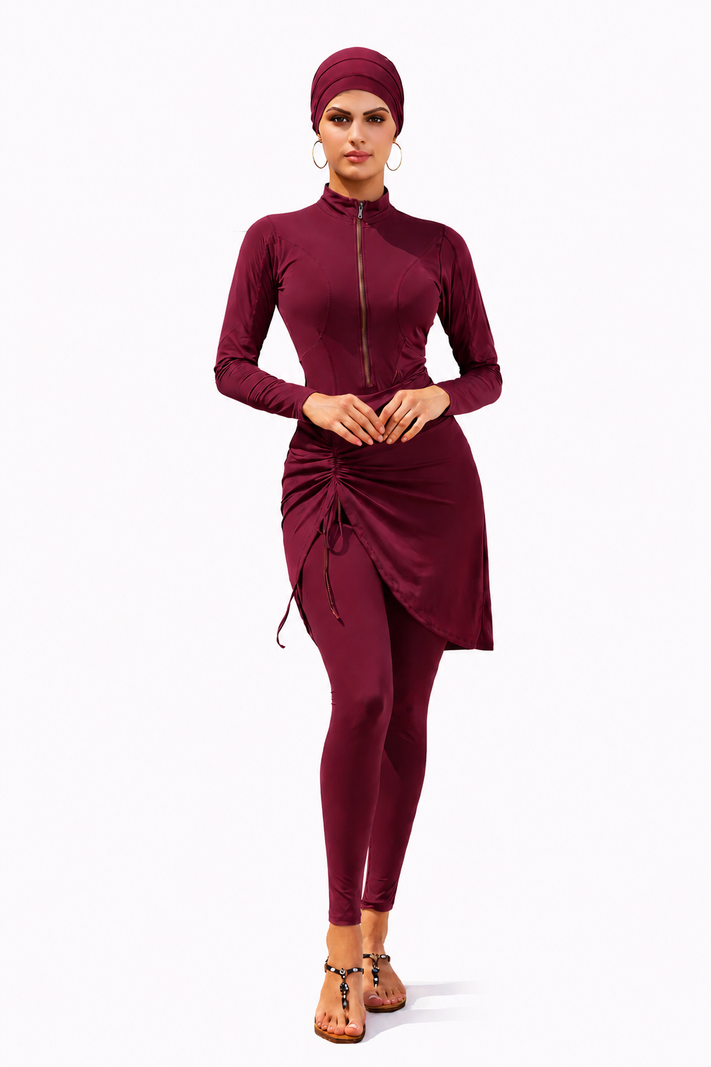 Inaya Modest Burkini 3-Piece Full Coverage Swim Set-Burgundy