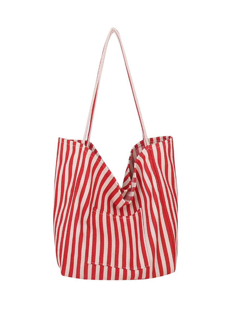 Striped Canvas Tote Bag – Red & White Narrow Stripes
