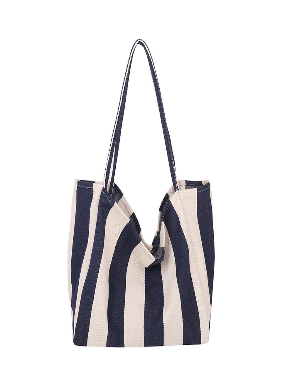 Striped Canvas Tote Bag – Navy & White Bold Stripes