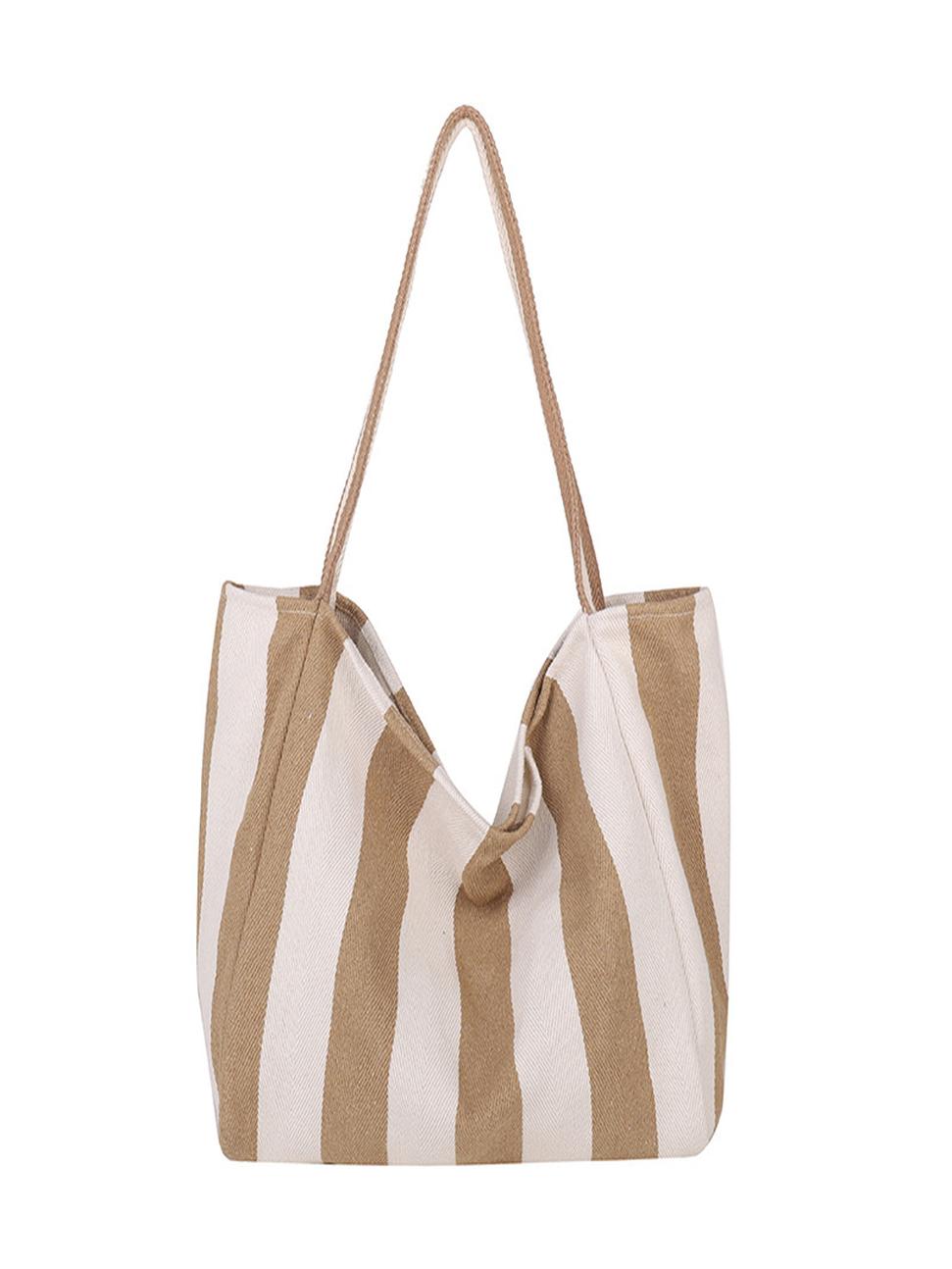 Striped Canvas Tote Bag – Khaki & White Bold Stripes