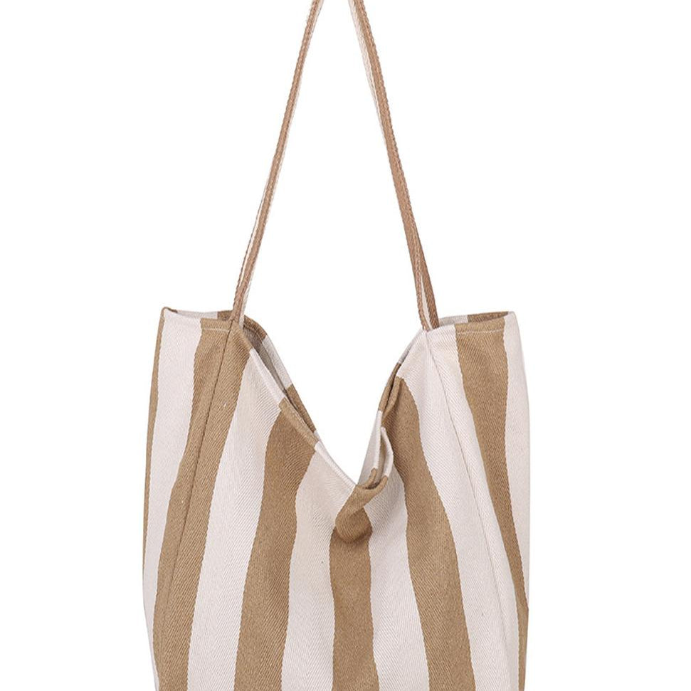 Striped Canvas Tote Bag – Khaki & White Bold Stripes