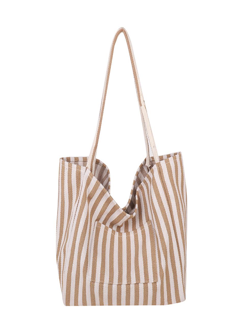 Striped Canvas Tote Bag – Khaki & White Narrow Stripes