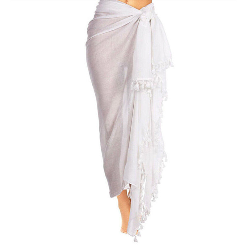 White Tassel Sheer Beach Sarong Wrap- Swim Cover Up