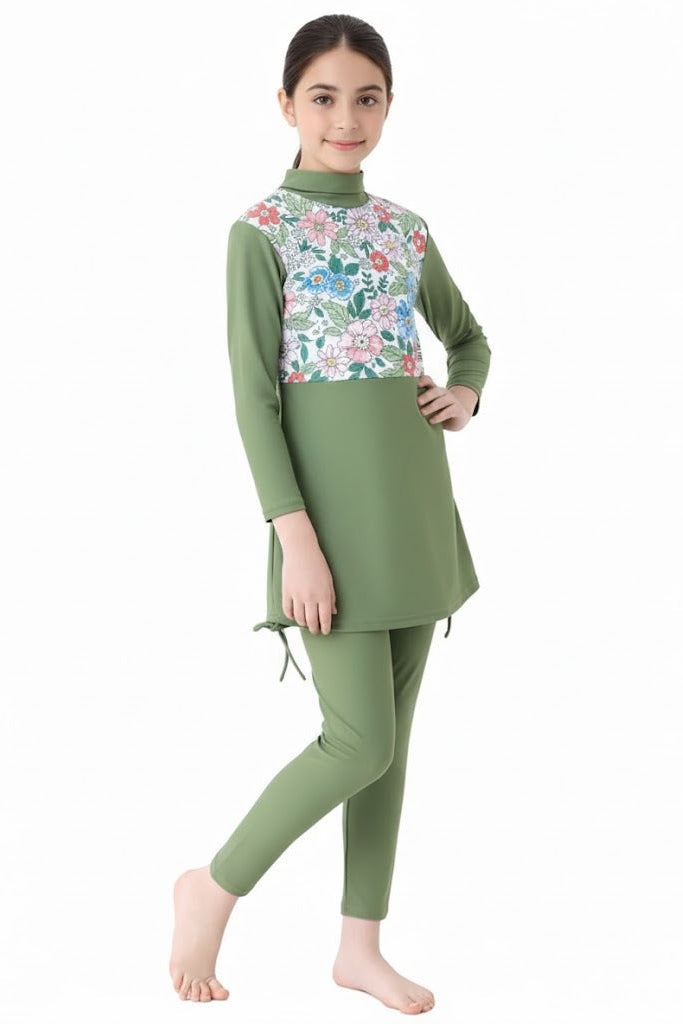 Rahma 3-Piece Kids' Modest Swimsuit-Olive Green