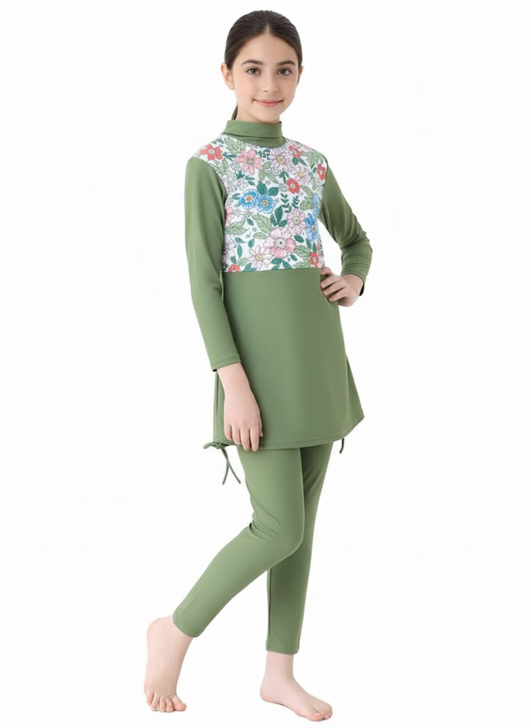 Rahma 3-Piece Kids' Modest Swimsuit-Olive Green