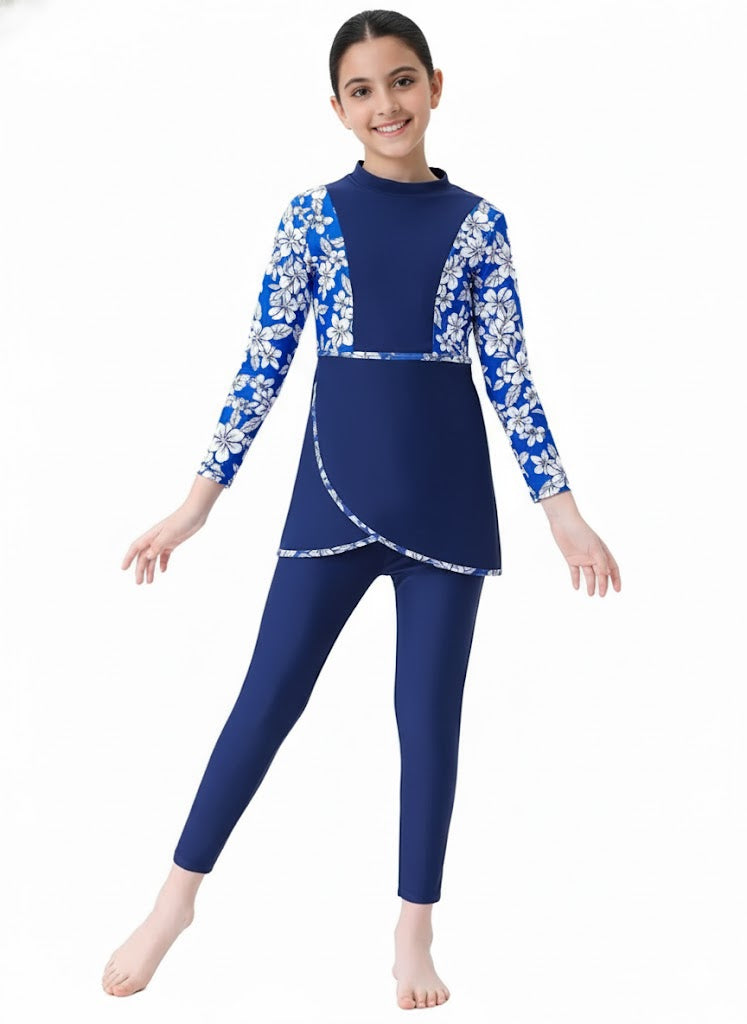 Nura 3-Piece Kids' Modest Swimsuit-Ocean Blue