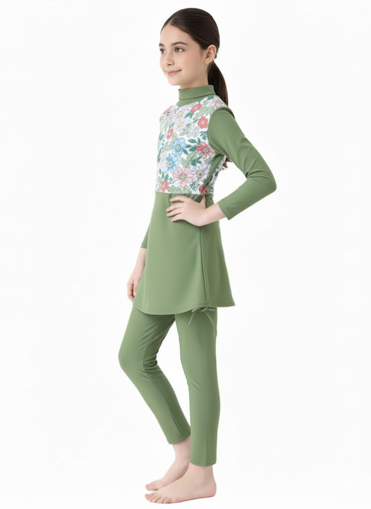 Rahma 3-Piece Kids' Modest Swimsuit-Olive Green