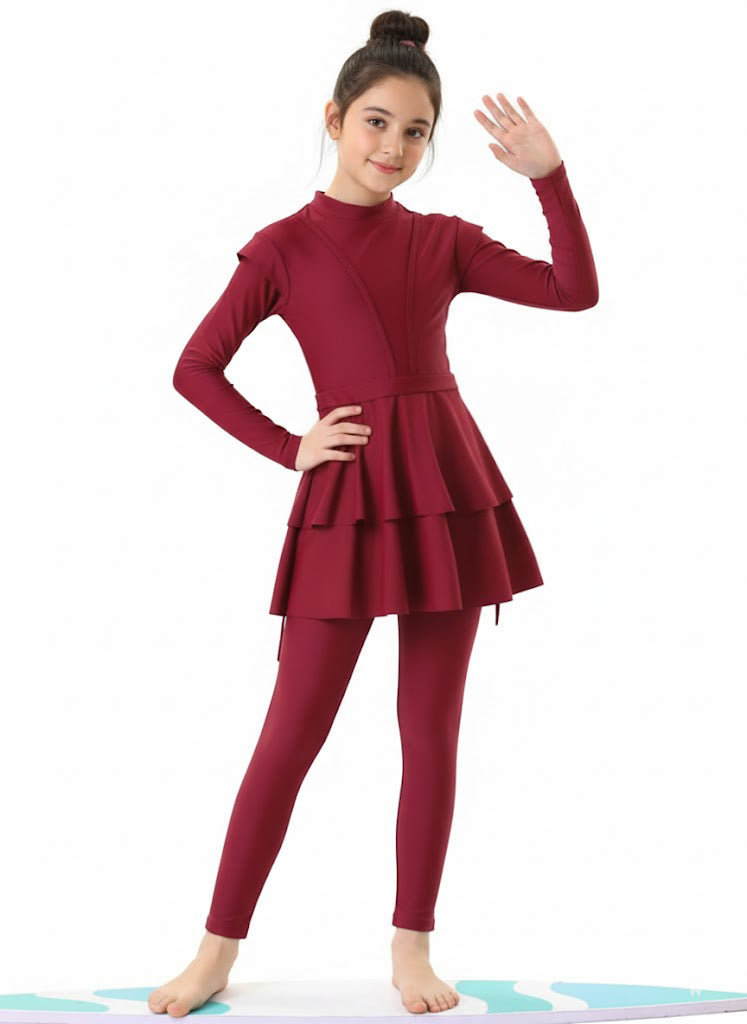 Aaliyah 3-Piece Kids' Modest Swimsuit-Ruby Red