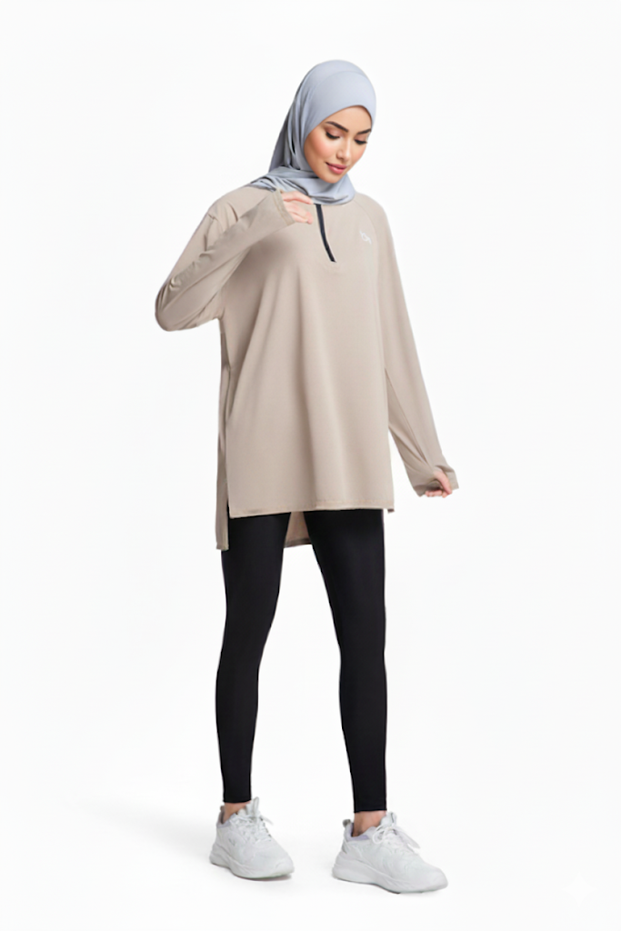 Quick-Dry 4-Way-Stretch Half-Zip Longline Top – Sand