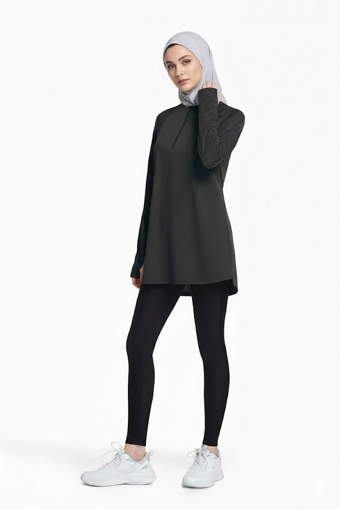 Quick-Dry 4-Way-Stretch Half-Zip Longline Top – Black