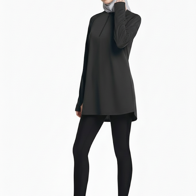 Quick-Dry 4-Way-Stretch Half-Zip Longline Top – Black