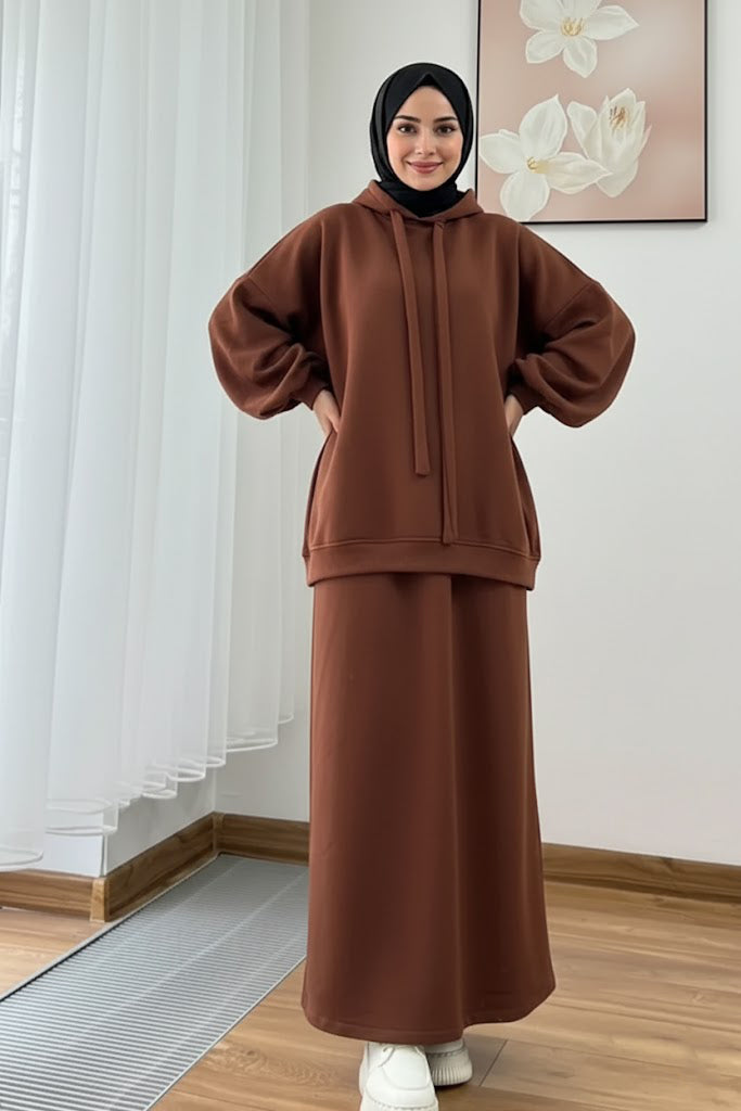 Warm Fleece Hoodie & Long Dress Set – Coffee
