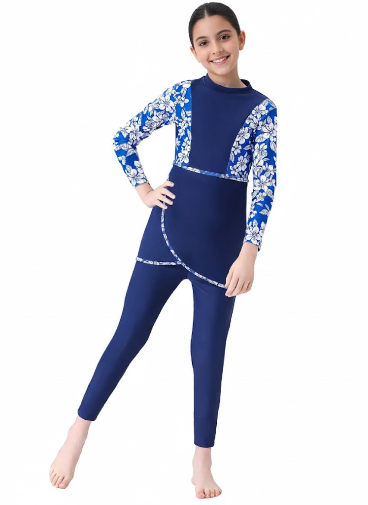 Nura 3-Piece Kids' Modest Swimsuit-Ocean Blue