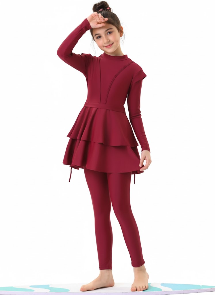 Aaliyah 3-Piece Kids' Modest Swimsuit-Ruby Red