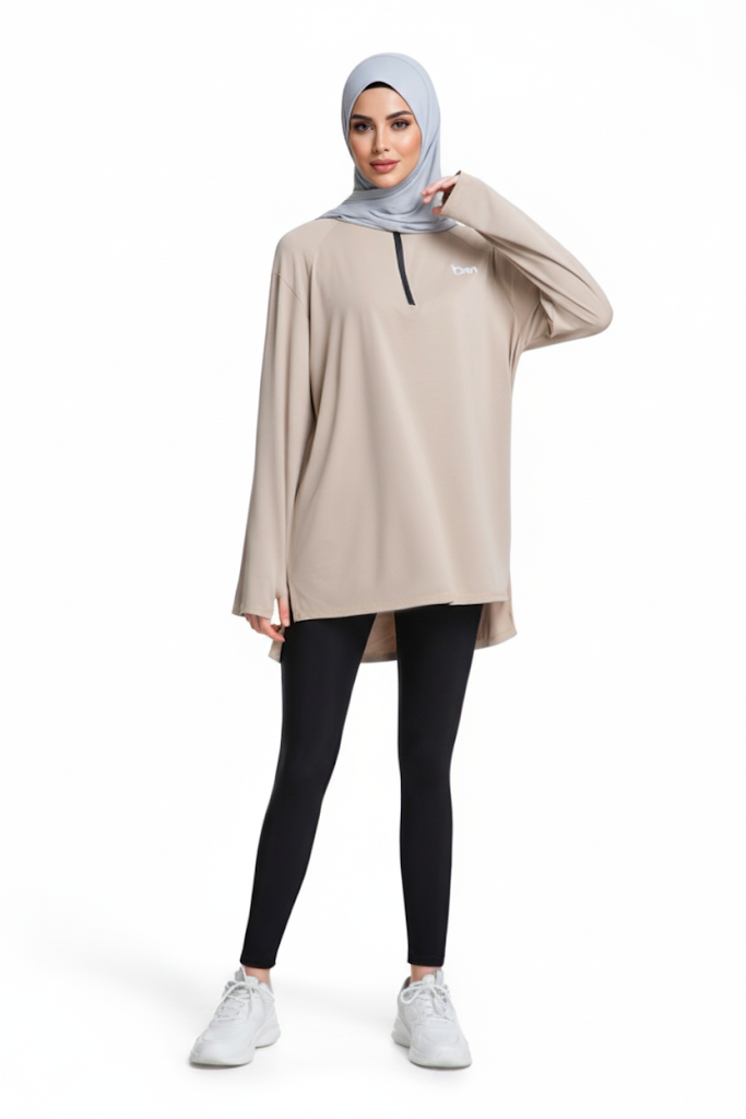 Quick-Dry 4-Way-Stretch Half-Zip Longline Top – Sand