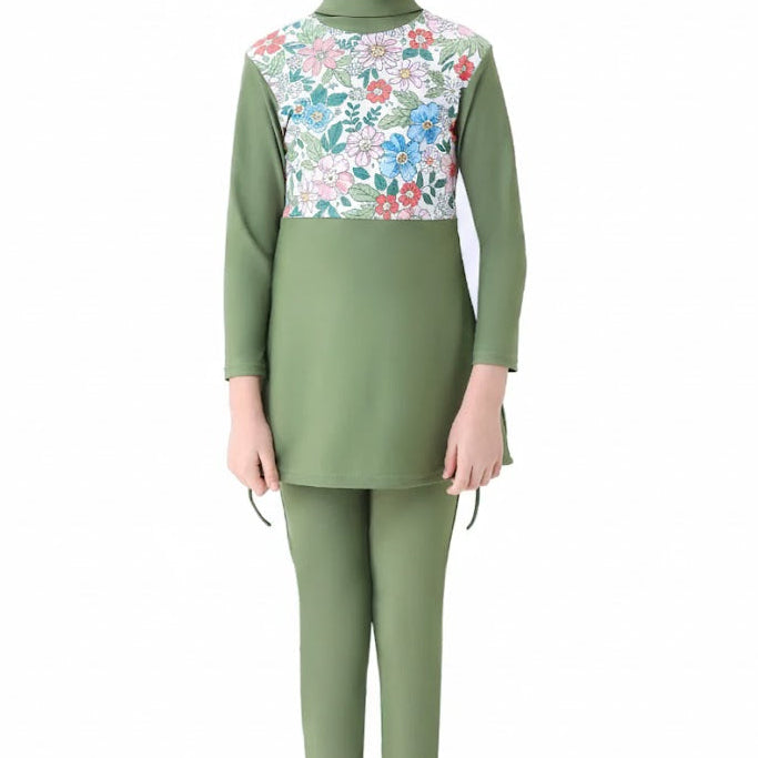 Rahma 3-Piece Kids' Modest Swimsuit-Olive Green